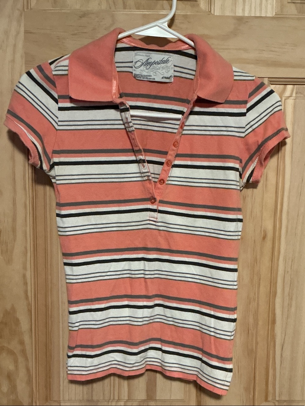 Aeropostale Coral, White & Black Striped Polo Top